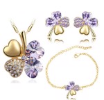 Smykkesæt - firkløver med halskæde, øreringe og armbånd, lys lilla - guld